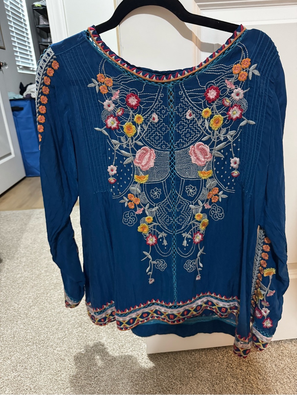Johnny Was Deep Teal Blue Embroidered Floral Tunic Top